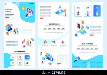 Isometrische Landingpage für kreative Agenturen. Ideengenerierung, Design und Kreativität Design-Vorlage für Unternehmenswebsite. Webbanner-Vorlage mit Kopfzeile, mittlerem Inhalt und Fußzeile. Isometrie Vektordarstellung... Isometrische Landingpage für kreative Agenturen. Ideengenerierung, Design und Kreativität Design-Vorlage für Unternehmenswebsite. Webbanner-Vorlage mit Kopfzeile, mittlerem Inhalt und Fußzeile. Stock Vektor