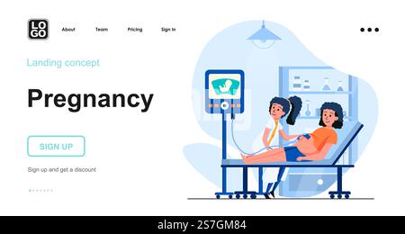 Schwangerschaftswebkonzept. Schwangere Frau auf Ultraschalluntersuchung, Screening durch Arzt in der Klinik. Vorlage für Personenszene. Vektorillustration mit Charakteraktivitäten in flachem Design für Website Stock Vektor