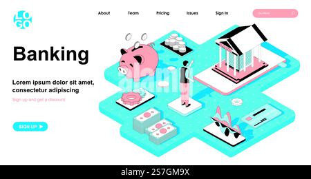 Isometrisches Bankkonzept. Bargeldtransaktionen, Einsparungen bei Sparkassen, Finanzanalysen, Gewinnwachstum und Buchhaltung, Web-Banner mit flacher Isometrie. Vektorillustration in 3D-Design für Landing-Page Stock Vektor
