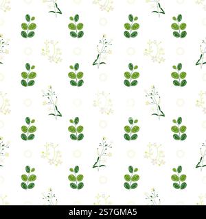 Sommerblumen- und Blattmuster nahtlos. Abstrakte zarte Wildblumen und grüne Blätter auf endlosen, kunstvollen Zweigen. Botanische Hochzeittapete. Vektor-Illustration mit floraler Textur Stock Vektor