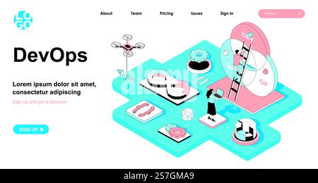 DevOps isometrisches Konzept. Überwachung und Optimierung von Entwicklungsprozessen und -Abläufen, Teamwork-Administration, Web-Banner mit flacher Isometrie. Vektorillustration in 3D-Design für Landing-Page Stock Vektor