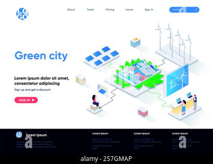 Grüne isometrische Landingpage der Stadt. Umweltschutz und Sicherheit, erneuerbare Ressourcen und grüne Energietechnologie Isometrie Webseite. Flache Vorlage der Website, Vektorillustration mit Personenzeichen Stock Vektor