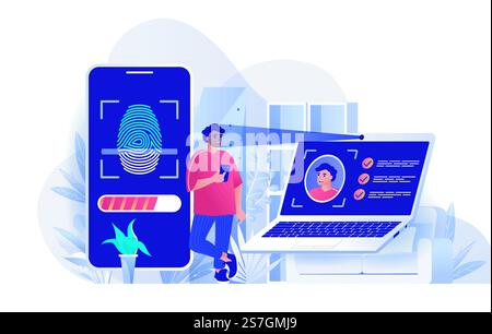 Biometrisches Zugangskontrollkonzept in flacher Bauweise. Benutzeridentifikation durch Gesichtserkennung und Vorlage für Fingerabdruckszenen. Man hat Zugriff auf sein Konto. Vektorillustration der Aktivitäten von Personen-Charakteren Stock Vektor