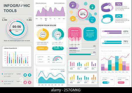 Bundle Infografik-UI, UX, KIT-Elemente. Verschiedene Diagramme, Diagramme, Workflow, Flussdiagramme, Zeitachse, Vorlagen für Schemas, Marketingsymbole, Diagramme und Balken. Vektorinfo Grafik und Infografik Set. Stock Vektor