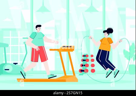 Fitness-Gym-Konzept in flachem Design. Ein Paar, das in der Sportclub-Szene trainiert. Mann läuft auf dem Laufband, Frau springt Seil. Workout-Training. Vektorabbildung von Personenzeichen für Landing-Page Stock Vektor