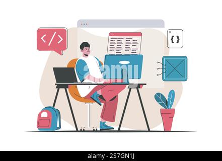 Bedienkonzept des Programmierers isoliert. Erstellung und Entwicklung von Software, Programmen. Menschen-Szene in flachem Zeichentrickdesign. Vektorillustration für Bloggen, Website, mobile App, Werbematerial. Stock Vektor