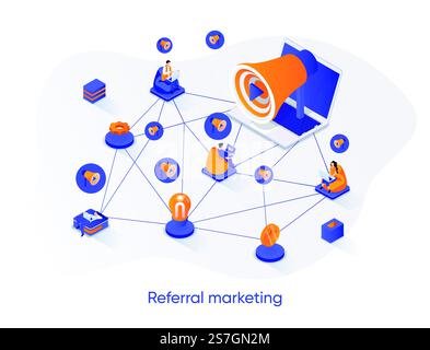 Isometrisches Webbanner für das Empfehlungsmarketing. Isometriekonzept zur Förderung sozialer Netzwerke. Anziehung neuer Kunden 3D-Szene, Empfehlungsprogramm flach gestaltet. Vektorillustration mit Personenfiguren. Stock Vektor