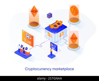 Isometrisches Webbanner für Kryptowährungen. Isometrie-Konzept der Handelsplattform für Kryptowährungen. Online-Kauf-, Verkaufs- und Austauschservice für 3D-Szenendesign. Vektorillustration mit Personenfiguren. Stock Vektor