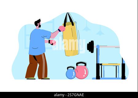 Work-Hard-Konzept. Mann, der mit Boxsack im Fitnessstudio trainiert, Trainingssituation. Sportliche Aktivitäten, Training der Menschen Szene. Vektorillustration mit flachem Zeichendesign für Website und mobile Website Stock Vektor