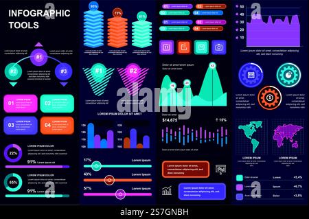 Bundle Infografik-UI, UX, KIT-Elemente. Verschiedene Diagramme, Diagramme, Workflow, Flussdiagramme, Zeitachse, Vorlagen für Schemas, Marketingsymbole, Diagramme und Balken. Vektorinfo Grafik und Infografik Set. Stock Vektor