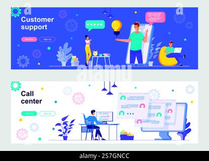 Kundensupport und Callcenter-Landing-Page mit Personenzeichen. Online-Webbanner für Kundenbetreuung und -Beratung. Die Vektorgrafik für Hotline-Betreiber eignet sich hervorragend für Social-Media-Cover. Stock Vektor