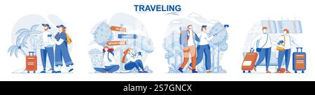 Konzept für Reisen. Reisende fliegen in den Urlaub, Touristen machen Reise, Reise. Menschen isolierten Szenen in flacher Bauweise. Vektorillustration für Bloggen, Website, mobile App, Werbematerial. Stock Vektor