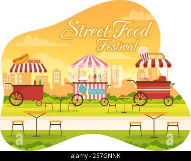 Street Food Festival Event Vector Illustration mit People and Foods Trucks im Summer Outdoor City Park in Flat Cartoon handgezeichnete Vorlagen Stock Vektor