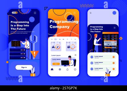 Einzigartiges Design-Kit des Programmierunternehmens für Geschichten in sozialen Netzwerken. Software-Engineering und -Entwicklung mobile Bildschirme für App. Vektorillustration für UI-UX-Layouts. GUI mit Personenzeichen festgelegt. Stock Vektor