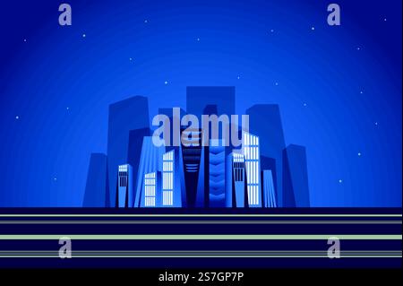 Nacht Wolkenkratzer Landschaftshintergrund in flachem Stil. Stadtbild mit hohen Türmen, Silhouette von Häusern, Geschäftsviertel der Stadt, Panoramablick auf die Metropole. Naturlandschaft. Vektorabbildung des Webbanners Stock Vektor