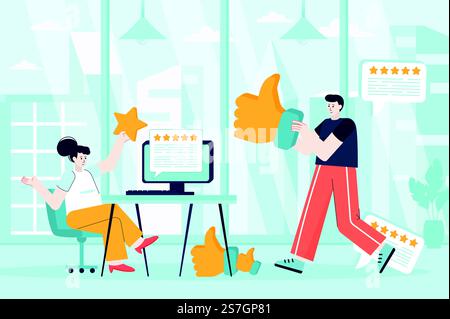 Bestes Feedback-Konzept in flacher Ausführung. Mitarbeiter erhalten gute Bewertungen von der Kundenzufriedenheit. Mann und Frau halten Sterne, wie Zeichen. Vektorabbildung von Personenzeichen für Landing-Page Stock Vektor
