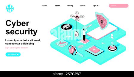Isometrisches Konzept der Cybersicherheit. Schutz personenbezogener Daten im Internet, Passwort für den Zugriff, Fingerabdruckscanner, Web-Banner mit flacher Isometrie. Vektorillustration in 3D-Design für Landing-Page Stock Vektor