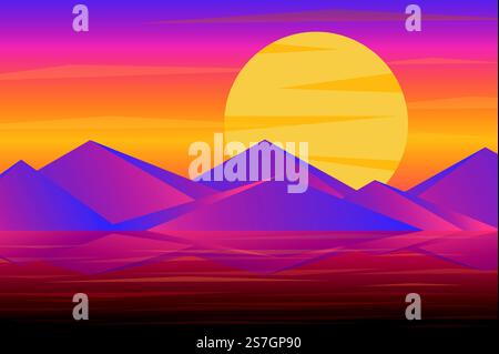 Sonnenuntergang über den Berggipfeln im Hintergrund der Landschaft in flachem Stil. Riesige Sonne über Felsen, Reflexion im Meer oder Ozeanwasser, lila Licht nach Sonnenuntergang. Naturlandschaft. Vektorabbildung des Webbanners Stock Vektor