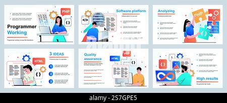 Bedienkonzept des Programmierers für Präsentationsfolien. Entwickler programmieren in verschiedenen Programmiersprachen, erstellen Software, Codierung und Optimierung. Vektorabbildung für Layout-Design Stock Vektor