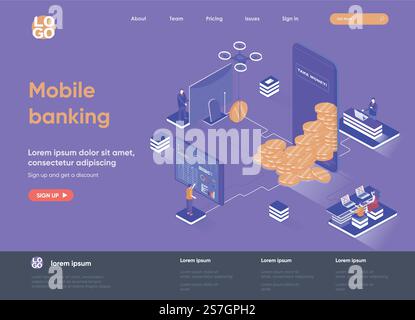 Isometrische Landing-Page für mobiles Banking. Mobile Anwendung für die Webseite für Finanzmanagement, Online-Zahlung und Isometrie. Flache Vorlage der Website, Vektorillustration mit Personenzeichen. Stock Vektor
