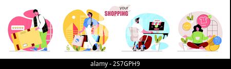 Einkaufskonzept Szenen gesetzt. Käufer mit Paketeinkäufen, Online-Einkäufe tätigen, Pakete mit Bestellungen erhalten. Sammlung von Personenaktivitäten. Vektorabbildung von Zeichen in flacher Form Stock Vektor