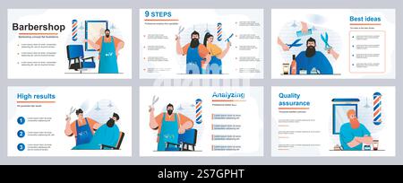 Barbershop-Konzept für Präsentationsfolien. Friseur macht Friseur und rasiert Bärte von Kunden, professioneller Haarpflegeservice im Männersalon. Vektorabbildung für Layout-Design Stock Vektor