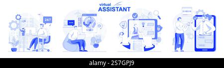 Virtueller Assistent isolierter Satz in flacher Bauweise. Mitarbeiter beraten Kunden, lösen Probleme per Videoanruf, Sammlung von Szenen. Vektorillustration für Bloggen, Website, mobile App, Werbematerial. Stock Vektor