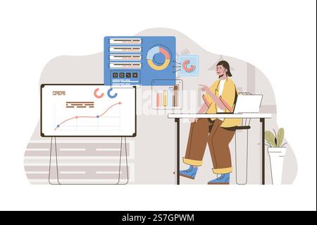 Marketingforschungskonzept. Marketingexpertin analysiert Datensituation. Geschäftsstatistiken, Finanzanalysen, Personenszene. Vektorillustration mit flachem Zeichendesign für Website und mobile Website Stock Vektor
