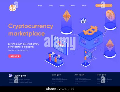 Isometrische Landing-Page für Kryptowährungs-Marketplace-Site. Isometrie-Konzept der Handelsplattform für Kryptowährungen. Online-Service kaufen, verkaufen und austauschen – flache Webseite. Vektorillustration mit Personenfiguren. Stock Vektor