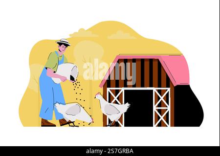 Konzept der Geflügelhaltung. Ein Landwirt, der Hühner füttert, arbeitet an seiner landwirtschaftlichen Situation. Aviculture, Agrar-Business-Leute-Szene. Vektorillustration mit flachem Zeichendesign für Website und mobile Website Stock Vektor