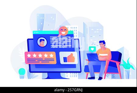 Bestes Feedback-Konzept in flacher Ausführung. Szenenvorlage für Kunden- und Benutzerzufriedenheit. Mann, der an einem Laptop arbeitet, eine Bewertung schreibt, die Qualitätsbewertung verlässt. Vektorillustration der Aktivitäten von Personen-Charakteren Stock Vektor