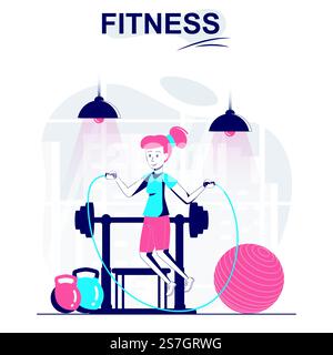 Fitness-isoliertes Cartoon-Konzept. Frau springt Seil und Sport im Fitnessstudio, Sport Workout Menschen Szene in flachem Design. Vektorillustration für Bloggen, Website, mobile App, Werbematerial. Stock Vektor