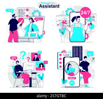 Konzeptset für virtuellen Assistenten. Online-Kommunikation mit Kunden, technischer Support. Menschen isolierten Szenen in flacher Bauweise. Vektorillustration für Bloggen, Website, mobile App, Werbematerial. Stock Vektor