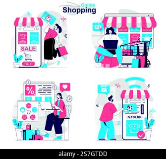 Konzeptset für Online-Shopping. Einkäufer wählen Produkte, kaufen bei Verkäufen, erhalten Bestellungen. Menschen isolierten Szenen in flacher Bauweise. Vektorillustration für Bloggen, Website, mobile App, Werbematerial. Stock Vektor
