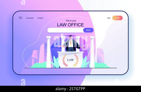 Das ist Ihr Konzept für die Landing-Page der Anwaltskanzlei. Anwalt oder Anwalt Consulting Klienten, rechtliche Unterstützung von Unternehmen Web Banner Vorlage. Vektorillustration in flachem Zeichentrickdesign für Webseite Stock Vektor