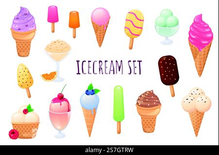 Eiskrem-Icon-Set im realistischen 3D-Design. Es gibt verschiedene Arten von Sommerdesserts, mit Beeren, Topping und anderen. Köstliche Menüauswahl. Vektorillustration isoliert auf weißem Hintergrund Stock Vektor