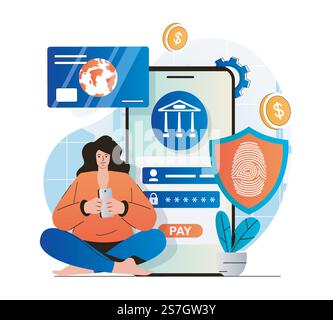 Sicheres Zahlungskonzept in moderner Flachbauweise. Frau, die online bezahlt und nach dem Scannen des Fingerabdrucks Finanztransaktionen auf einem gesicherten Konto durchführt. Schutz beim Online-Banking. Vektorabbildung Stock Vektor