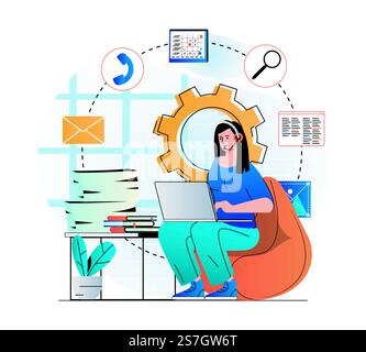 Kundenbetreuungskonzept in moderner Flachbauweise. Frau im Headset arbeitet am Laptop, berät Kunden. Der Berater arbeitet im Callcenter oder im technischen Support. Online-Kommunikation. Vektorabbildung Stock Vektor