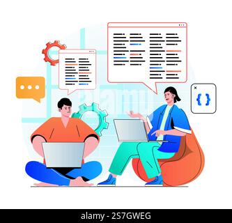 Programmierarbeitskonzept in moderner Flachbauweise. Das Entwicklerteam erstellt Software, Brainstorming und arbeitet gemeinsam im Büro. Entwicklung, Optimierung und Testen von Apps. Vektorabbildung Stock Vektor