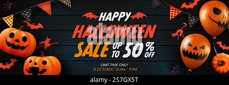 Werbeplakat oder Banner mit Halloween-Geisterballons und Kürbis. Unheimliche Luftballons, Fledermaus und Halloween-Elemente. Website gruselig, Hintergrund oder Banner Halloween Vorlage. Stock Vektor