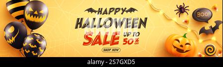 Halloween Sale Promotion Poster mit Halloween Geisterballons und Kürbis. Schaurige Luftballons, Fledermaus, Süßigkeiten und Halloween-Elemente auf gelbem Hintergrund. Website gruselig, Hintergrund oder Banner Halloween Vorlage Stock Vektor