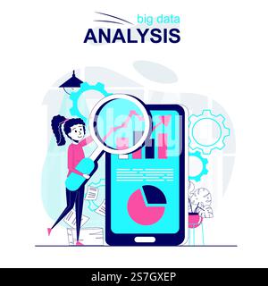 Big-Data-Analyse isoliertes Cartoon-Konzept. Frau analysiert Geschäftsstatistiken in mobilen Apps, Personenszenen im flachen Design. Vektorillustration für Bloggen, Website, mobile App, Werbematerial. Stock Vektor