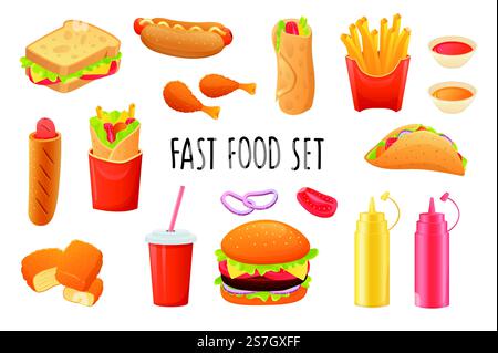 Fastfood-Symbol im realistischen 3D-Design. Sandwich, Hot Dog, Pommes, Tacos, Limonade, hamburger, Soßen und andere. Ungesunde Menüsammlung. Vektorillustration isoliert auf weißem Hintergrund Stock Vektor