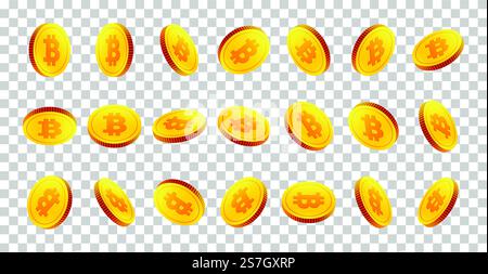 Set mit goldenen 3D-Münzen mit Icon-Buchstabe B' Bitcoin-Zeichen isoliert auf transparentem Hintergrund. Digitale Währung oder Kryptowährung für elektronische Zahlungen, Virtual Money, Bitcoin-Mining und Blockchain-Technologie. Vektorabbildung EPS10' Stock Vektor