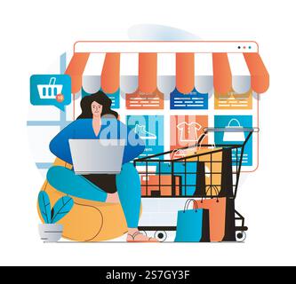 Online-Shopping-Konzept im modernen Flachbau. Die Frau wählt Kleidung und andere Waren mit dem Laptop aus, bestellt und bezahlt Einkäufe auf der Website des Geschäfts. Smart Shopping und E-Commerce. Vektorabbildung Stock Vektor