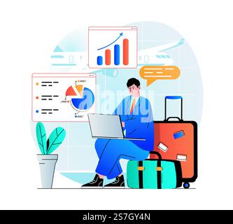 Freiberufliches Arbeitskonzept in moderner Flachbauweise. Geschäftsmann, der am Laptop arbeitet, während er im Wartezimmer am Flughafen sitzt. Remote-Mitarbeiter führt Aufgaben online auf Geschäftsreisen aus. Vektorabbildung Stock Vektor