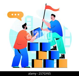 Teamwork-Konzept in modernem Flat Design. Kollegen bauen gemeinsam Startup auf, erreichen Karriereziele, arbeiten zusammen und arbeiten zusammen, entwickeln Geschäfte und steigern Einkommen und Führung. Vektorabbildung Stock Vektor
