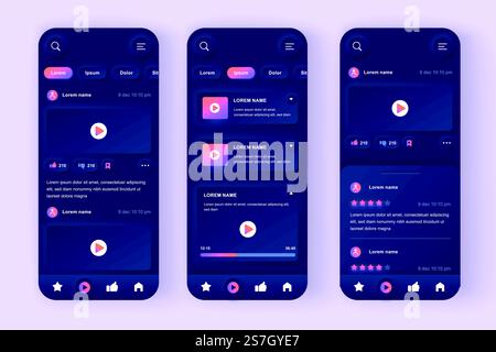 Videoröhre einzigartiges Design-Kit für Neugeborene. Streaming-Service für Videoinhalte, Multimedia-Suche und -Wiedergabe, Online-Videoplattform. UI UX-Vorlagen festgelegt. Vektordarstellung der GUI für responsive mobile App. Stock Vektor
