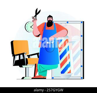 Friseursalon-Konzept in modernem, flachem Design. Ein professioneller Friseur oder Friseur hält eine Schere und wartet auf Kunden. Haarpflegeverfahren, modischer Haarschnitt und Friseur im Salon. Vektorabbildung Stock Vektor