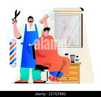 Friseursalon-Konzept in modernem, flachem Design. Ein professioneller Friseur oder Friseur kreiert modische Frisuren und Frisuren für Kunden. Mann bekommt Haarpflege im Männersalon. Vektorabbildung Stock Vektor